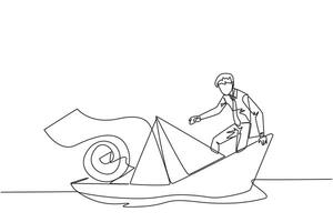 Single continuous line drawing of businessman boarded a paper boat loaded with rolls of paper bills and almost drowned. Spending more than income. Large pegs than poles. One line illustration vector