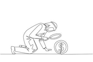 Single continuous line drawing Arabian businessman holding magnifying glass look at a coin dollar symbol. Collecting every coin from profits is valuable. Benefit. One line design illustration vector