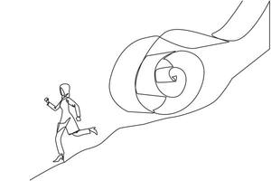 Continuous one line drawing Arabian businesswoman runs down hill while being chased by rolls of paper bills. Chased by ever-growing bills. Business failure. Single line draw design illustration vector