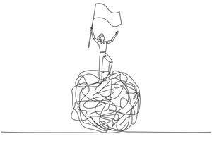 Continuous one line drawing of young businessman standing on giant tangled circle. Raising flag on his hand. Businessman who manage to get out of anxiety of mind. Single line draw illustration vector