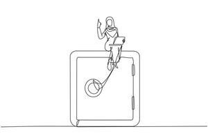 Single continuous line drawing Arabian businesswoman sitting on big safe deposit box while hand holds laptop computer. The importance of keeping money and documents in a safe place. One line design vector