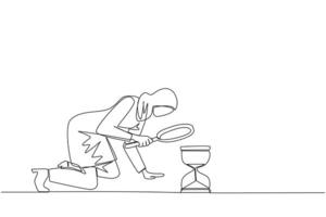 Single one line drawing Arabian businesswoman holding magnifying glass looking at hourglass. Businesswoman lack of time to running a business. Bad time management. Continuous line graphic illustration vector