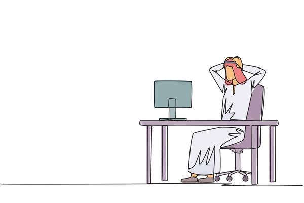 Continuous one line drawing Arab businessman sitting in work chair is holding head with both hands. In front of monitor face reality of many unpaid bills. Single line draw design illustration
