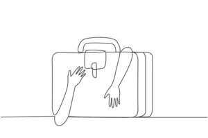 Single one line drawing of hands hugging briefcase. A journey that is needed to find experience so that the business being run can generate a lot of profit. Continuous line design graphic illustration vector