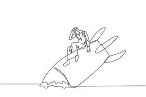 Single continuous line drawing Arab businessman sits downcast on swooping rocket stranded and stuck at ground level. New business was destroyed. Unable pay bills. One line design illustration vector