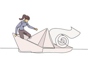 Continuous one line drawing businesswoman boarded a paper boat loaded with rolls of paper bills and almost drowned. Spending more than income. Large pegs than poles. Single line illustration vector