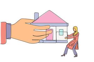 Single one line drawing Arabian businesswoman pulling miniature house which is also pulled by big hand. Failed to pay the mortgage so that it can be withdrawn by bank. Continuous line design graphic vector