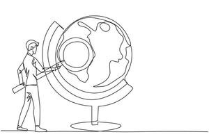 Single continuous line drawing young businessman stood holding the magnifier and inspected the globe. Map out good territory to create and develop new ventures. One line design illustration vector