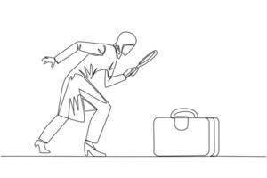 Single one line drawing of Arabian businesswoman holding magnifying glass highlights the briefcase. Immediately tidied up his briefcase to go on a business trip. Continuous line graphic illustration vector