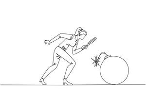 Single continuous line drawing businesswoman holding magnifying glass look at large bomb with a burning fuse. Preventing explosions like preventing business destruction. One line illustration vector