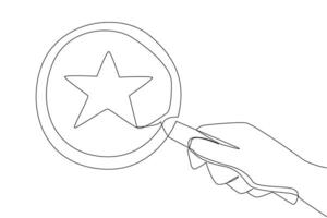 Single one line drawing big hand holding magnifying glass highlights the star. Looking at the stars by zooming in. Achieve dreams as high as the stars. Continuous line design graphic illustration vector