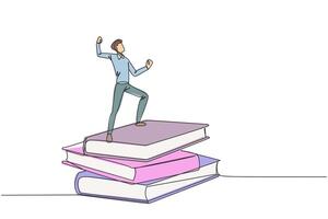 Single continuous line drawing of young businessman standing on stacks of giant books fist hands up. Reading improves his skills in business world to become a successful entrepreneur. One line design vector