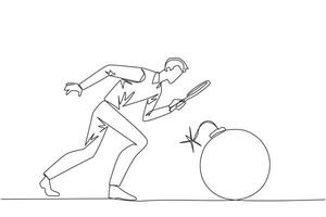 Continuous one line drawing businessman holding magnifying glass highlights large bomb with a burning fuse. Preventing explosions like preventing business destruction. Single line draw design vector