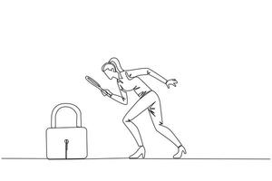 Continuous one line drawing businesswoman holds magnifying glass look at padlock. Looking ways to protect stock values to keep high and safe from hackers. Single line draw design illustration vector