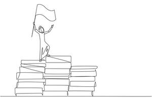 Single one line drawing of Arabian businessman standing on piles of paper document raising flag. Create business plan with lots of data. Winner even though there is a lot of work. Continuous line vector