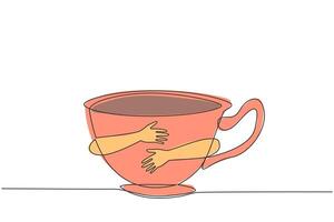 Continuous one line drawing of human hands hugging hue tea cup. A glass of drink served in the afternoon. Drink snacks when talking with family. Relax. Single line draw design illustration vector