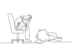 Single one line drawing of Arabian businessman sits pensively on office chair and in front is a broken piggy bank. Failing to save because have to pay large bills. Continuous line graphic illustration vector