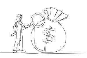 Single continuous line drawing Arab businessman stood checking out giant money bag with magnifier. A person's success depends on the number of money bags collected. One line design illustration vector