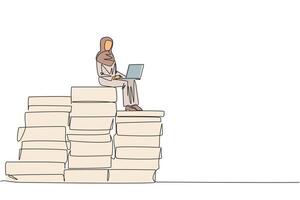 soltero uno línea dibujo árabe mujer de negocios sentado en gigante pila de algo de papel documento mientras trabajando con ordenador portátil computadora. crear trabajo plan con un montón de datos. trabajo excesivo concepto. continuo línea diseño vector