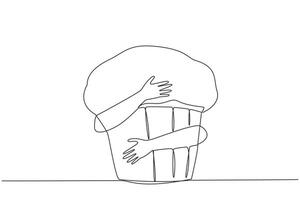 Continuous one line drawing human hands hugging huge muffin. Small circular buns with a sweet taste. Delicious when served warm as a friend to drink tea. Single line draw design illustration vector
