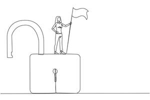 Single one line drawing of young businesswoman standing on giant open padlock holding flag. Successful businesswoman find loopholes in a web to hack it. Vulnerable security. Continuous design graphic vector