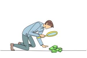 Single continuous line drawing businessman looked down examining piles of banknotes with magnifiers. Businessmen who know the rules, don't take what doesn't belong. One line design illustration vector