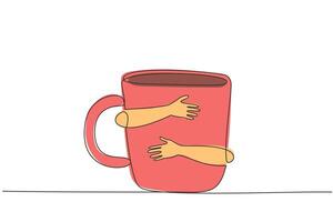 Single continuous line drawing of human hands hugging huge mug. Pour a few milliliters of coffee or tea into a mug, talk to your loved ones, then feel the warmth. One line design illustration vector