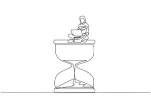 Single continuous line drawing of young Arabian businesswoman sitting on giant hourglass while working on laptop. Business strategy related on time management. Productivity concept. One line design vector