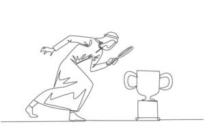 Single continuous line drawing of Arabian businessman holding magnifying glass looking at trophy. Long journey of running a business pays off by finding trophy as reward. One line illustration vector