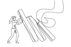 Single one line drawing businesswoman holds back pile of walls resembling collapsed bills. Withstand onslaught of bills that accumulate by holding back unnecessary business expenses. Continuous line vector