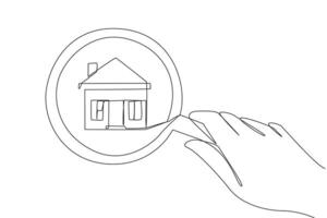 Continuous one line drawing big hand holding magnifying glass highlights the miniature house. Targeting a luxury house to be used as a self reward. Victory. Single line draw design illustration vector