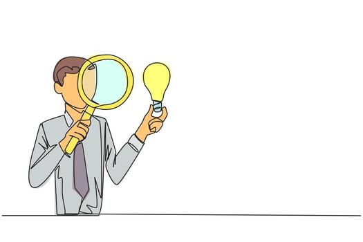 Single one line drawing young businessman inspects the lightbulb he holds with a magnifier. Analyze existing ideas and select them for new business needs. Continuous line design graphic illustration vector