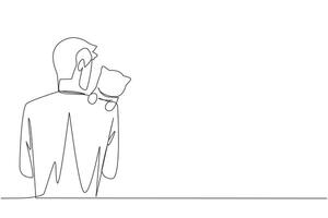 Continuous one line drawing of back view young man hugging cat. Dusk is the perfect time to take beloved cat for a walk. Owner of feline animal petting it with love. Single line draw design vector