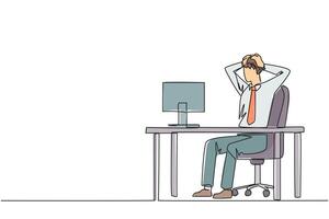 Single one line drawing of stressful businessman sitting in work chair is holding his head with both hands. In front of monitor face the reality of many unpaid bills. Continuous line design graphic vector