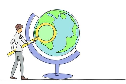 Single continuous line drawing young businessman stood holding the magnifier and inspected the globe. Map out good territory to create and develop new ventures. One line design illustration vector