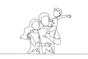 Single one line drawing of young woman hug her handsome husband who is holding their little cute son. Smiling couple with child. Happy family concept. Continuous line design graphic illustration vector