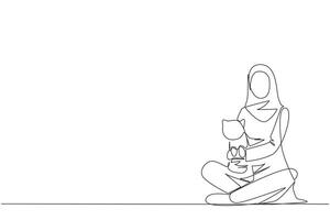 Single one line drawing of young Arabian woman sitting cross-legged hugging a little cat. She loves the cat because it has been taken care of since the cat was born. Continuous line design graphic vector