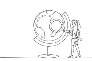 Single one line drawing of businesswoman stood holding the magnifier and inspected the globe. Map out good territory to create and develop new ventures. Continuous line design graphic illustration vector