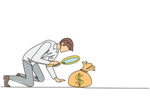 Single one line drawing businessman looks down checking money bag with magnifier. Be careful to check and recalculate before making business payments. Continuous line design graphic illustration vector