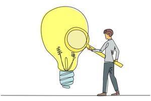 Continuous one line drawing businessman stood holding magnifier and inspected the lightbulb. Businessmen are looking for new ideas, fresh ideas, innovation and creative. Single line draw design vector