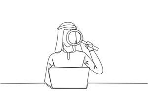 Single continuous line drawing of Arabian businessman is typing in front of laptop computer holding a magnifier. Modern business at this time can be done anytime and anywhere. One line design vector