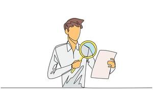 Single continuous line drawing young businessman holds a piece of paper and checks it with a magnifier. Businessman work with research analytics and statistic. One line design illustration vector