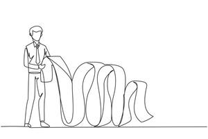 Single one line drawing of businessman held long billing paper dangling to floor with both hands. Worry about spending a lot of money because of large number of bill. Continuous line design graphic vector