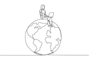 Single continuous line drawing Arabian businesswoman sitting on giant globe typing on computer laptop. Explore the business world online. Business world in one app concept. One line design vector