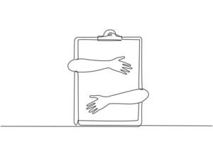 Single one line drawing of hands hugging clipboard. Effective daily planning and time management to reach a lot of opportunity to success in business. Continuous line design graphic illustration vector