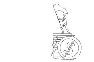 Continuous one line drawing businessman standing on stack of coins raising flag. Successful remote freelance work. Get a lot of money. Concept of smart business. Award. Single line draw design vector