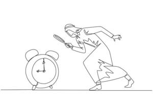 Single one line drawing Arabian businessman holding magnifying glass looking at alarm clock. Super busy businessman, always working overtime. Workaholic. Continuous line design graphic illustration vector