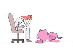 Single one line drawing of Arabian businessman sits pensively on office chair and in front is a broken piggy bank. Failing to save because have to pay large bills. Continuous line graphic illustration vector