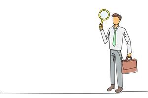 Single continuous line drawing of businessman holds the magnifier in his right hand while in his left hand holds a briefcase. Businessman who offer cooperation proposals. One line illustration vector