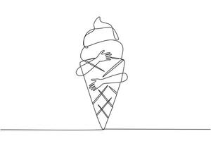 Single one line drawing human hands hugging ice cream. Snacks with high sugar levels are not good for the health of body. The first cones were produced in 1896. Continuous line graphic illustration vector